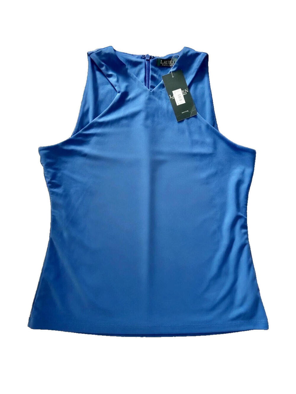 NWT Ralph Lauren Petite Atmosphere Blue Knit Top Sleeveless V-Neck Halter PL